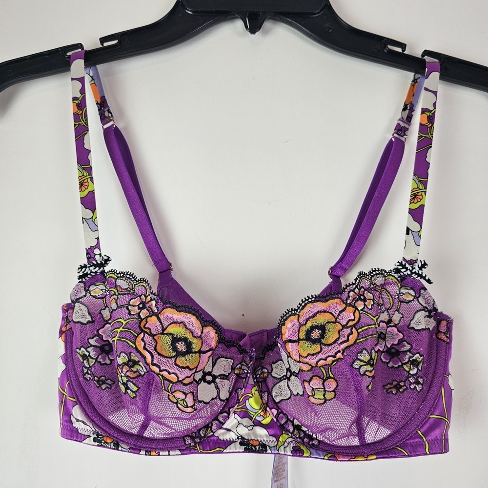 Fenty X Savage Bra Womens 32D Balconette Lace Mod Poppy Purple Flower Lingerie